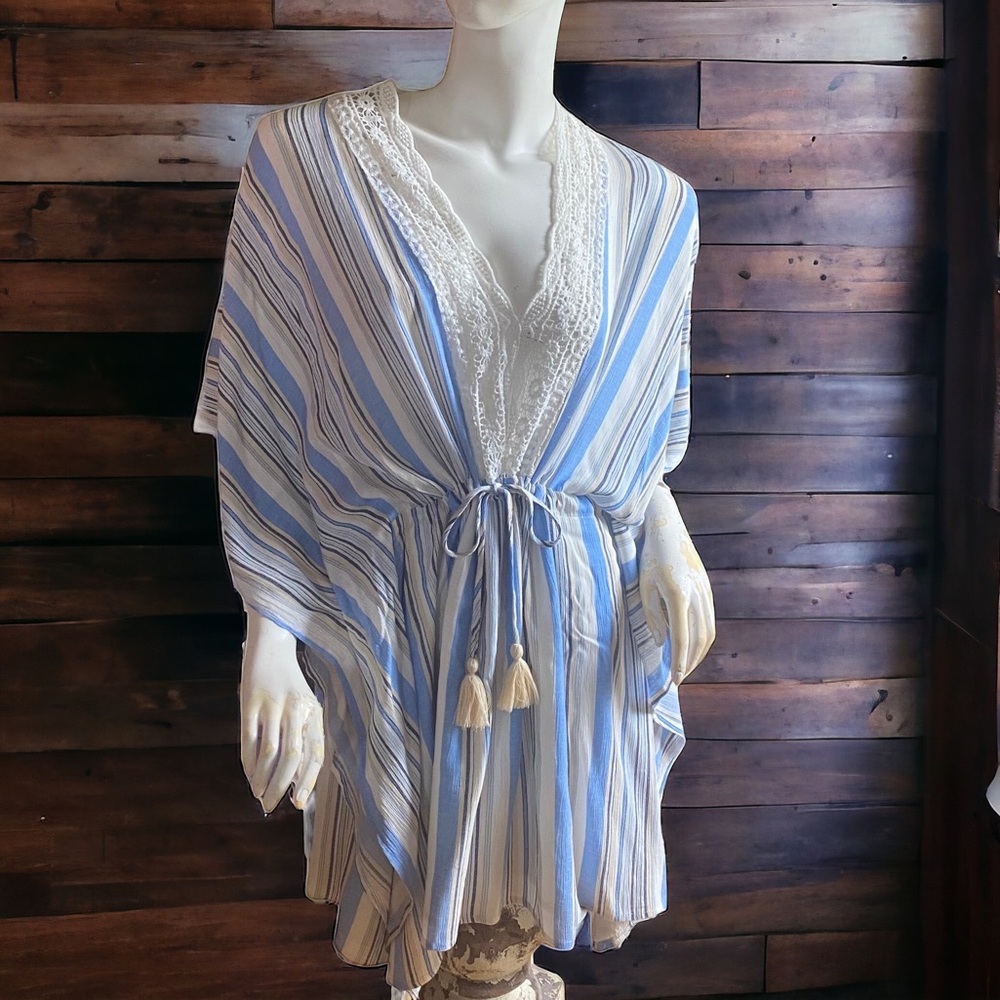 Taroo blue white stripe drawstring waist bohemian lace V neck dress cover up M